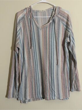 Above And Beyond Women’s Drawstrings Hood Size XL Blue Ribbed Shirt Top Pullover